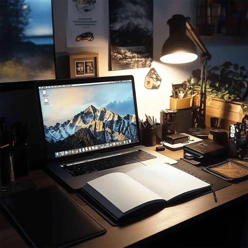 Laptop sobre un escritorio con una lámpara y un cuaderno, creando un ambiente de trabajo organizado y acogedor.